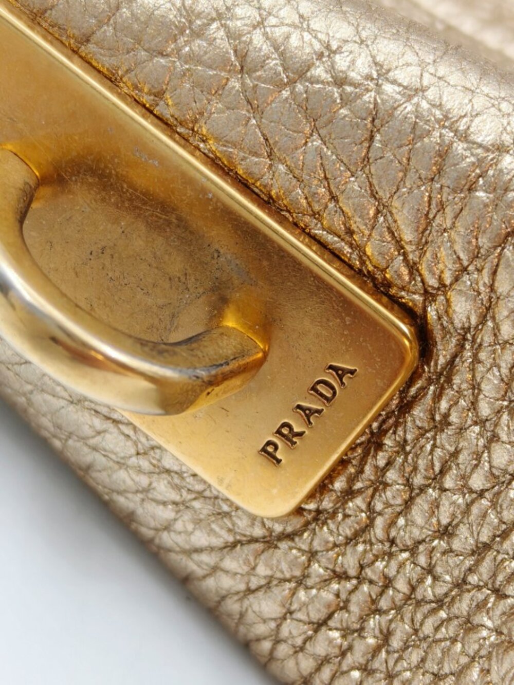 Prada Vitello Daino Metallic Gold Pebbled Leather Satchel Bag - Picture 13 of 13